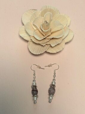 Handmade Cream and Gray Beaded Dangle Earrings